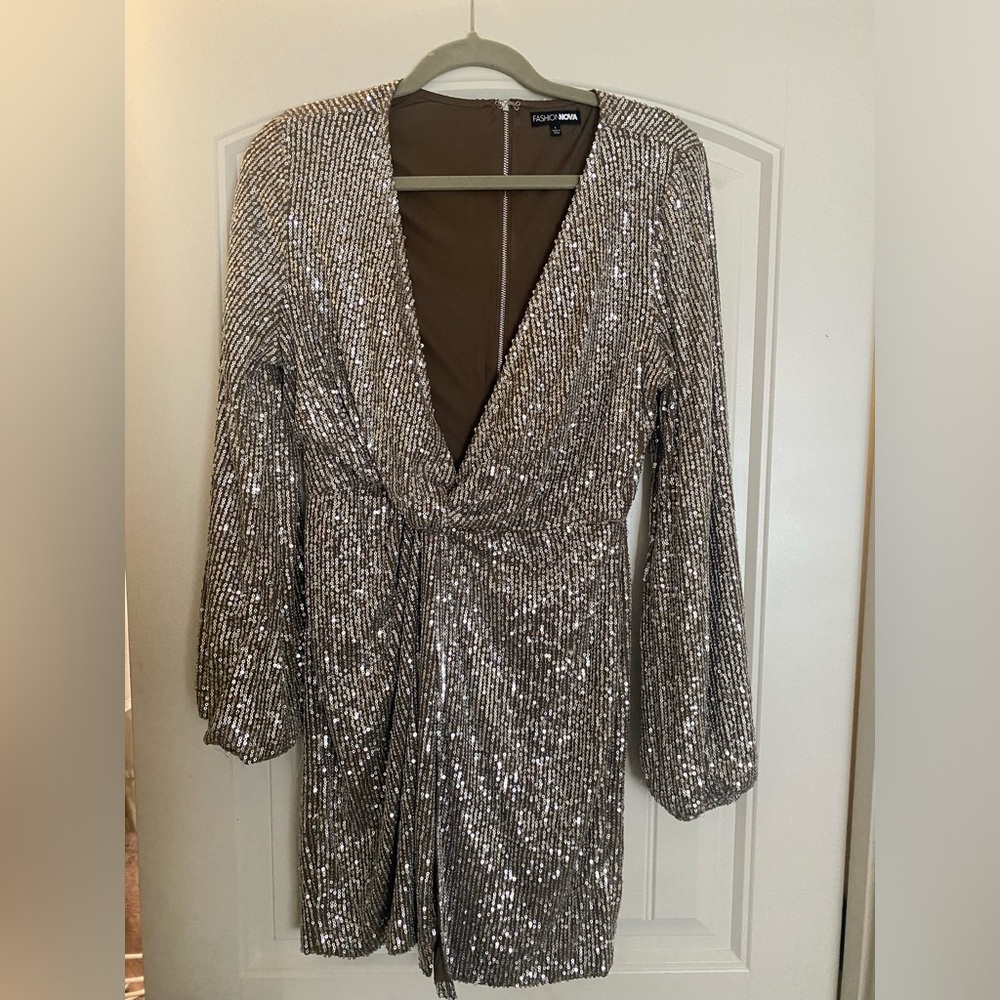 FASHION NOVA silver sequin cocktail dress with slit.